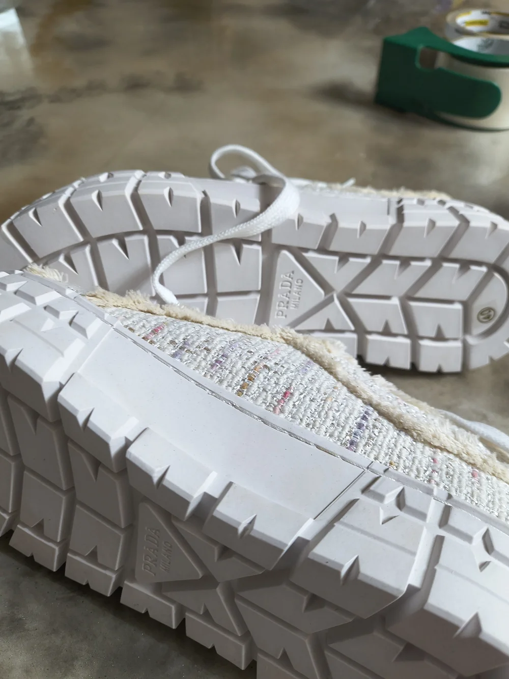 Textured Cream Platform Sneakers with Frayed Trim With Platform Sole